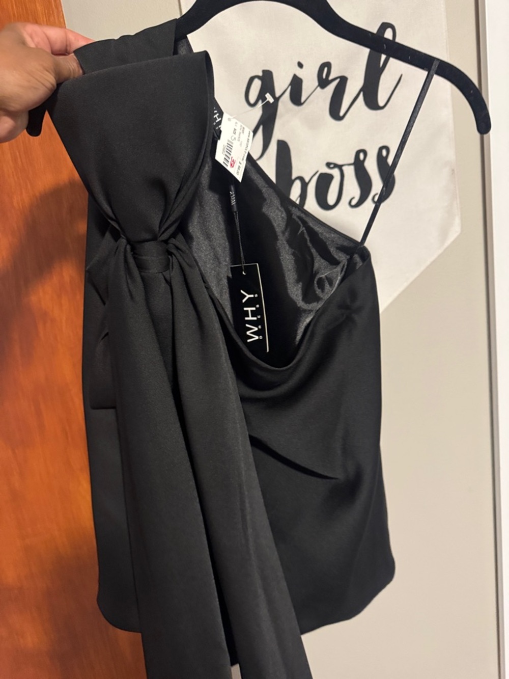 WHY Black Satin One-Shoulder Bow Top